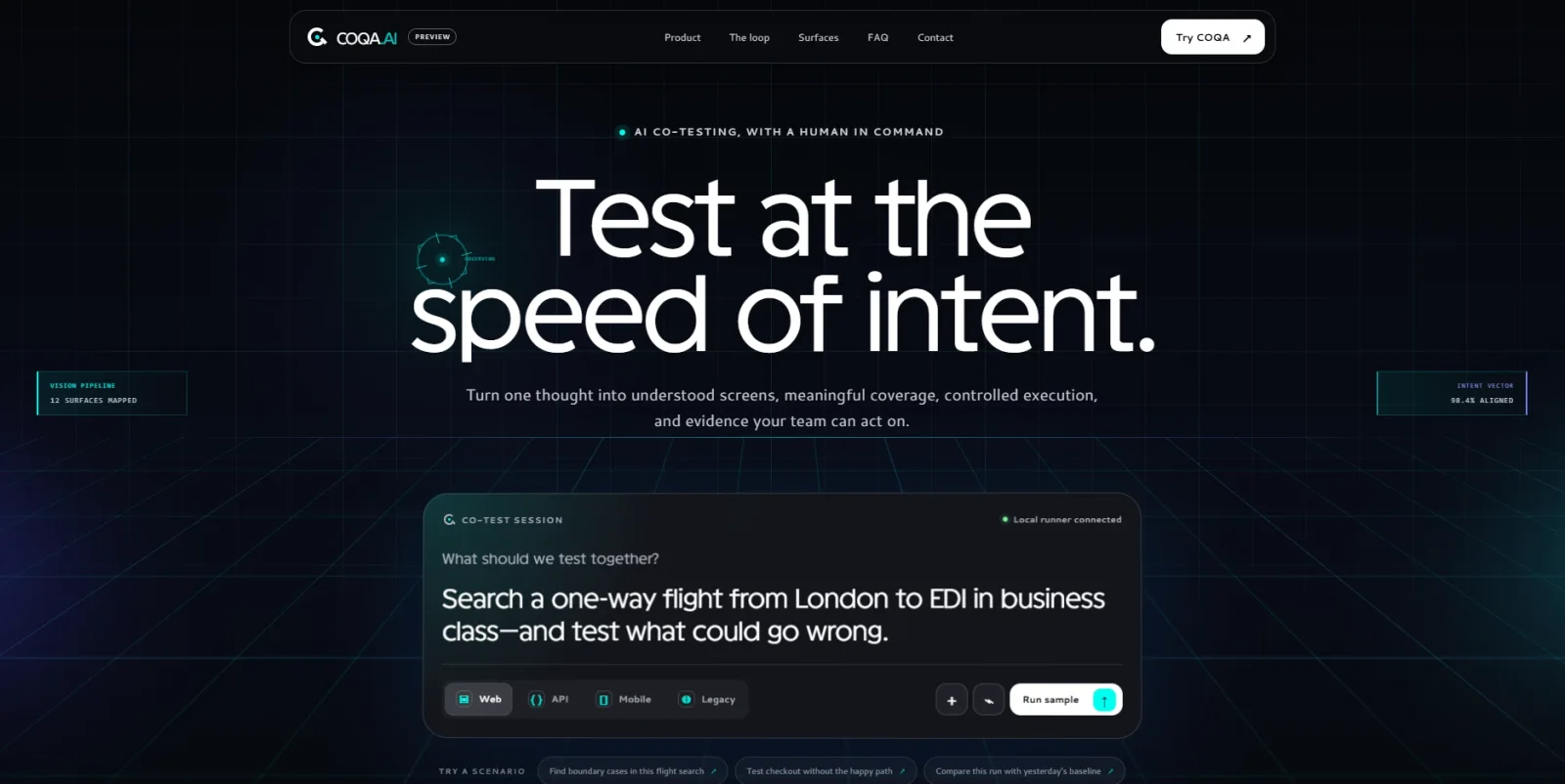 The COQA.ai website, showing a co-test session where a tester describes what to test