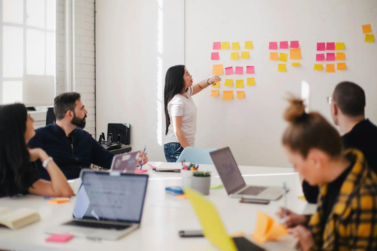 A team mapping a process on a wall of notes